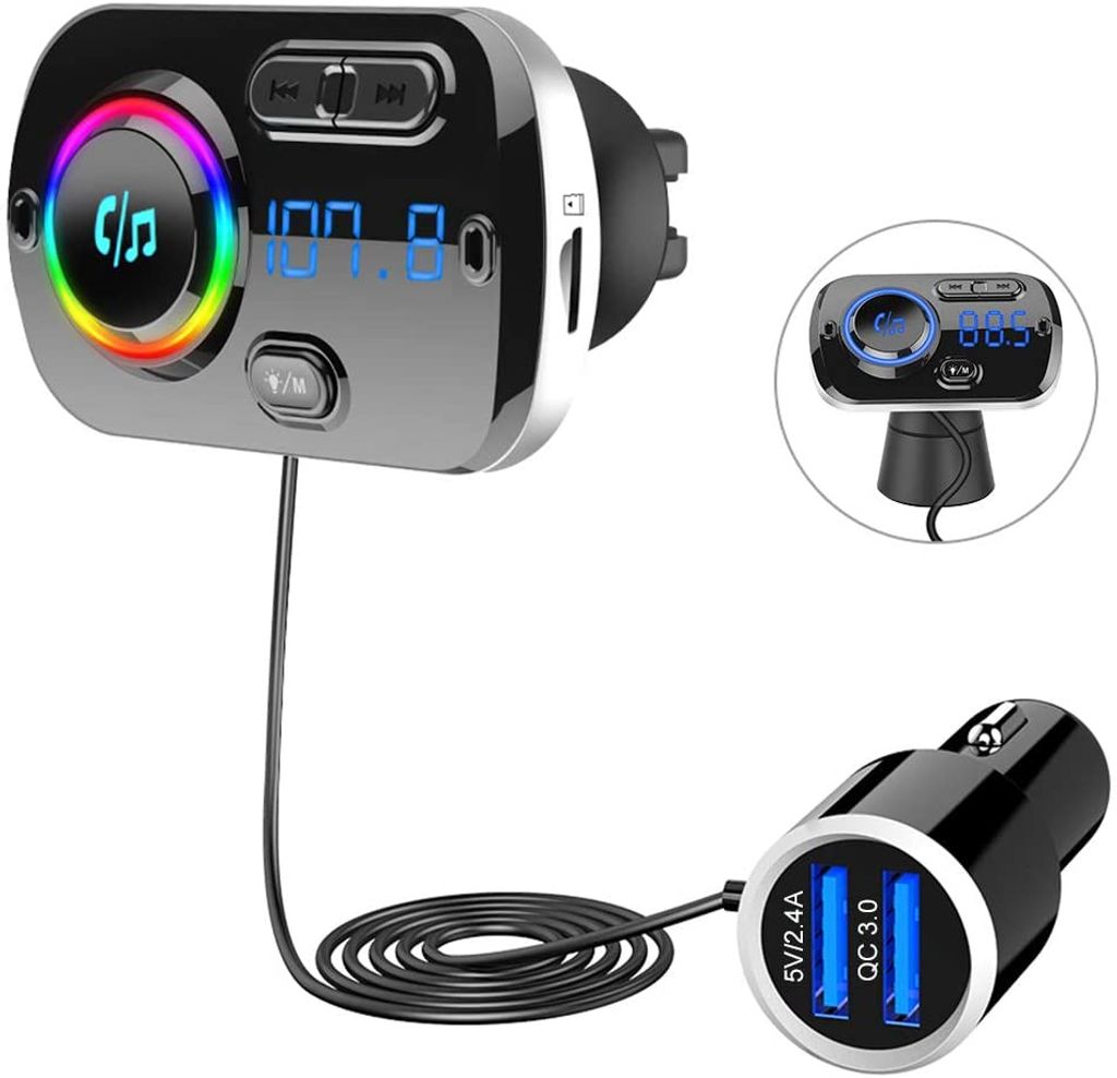 Auto Bluetooth 4.2 FM Transmitter QC3.0 KFZ 2 USB Ladegerät Adapter 7 Farbe LED 