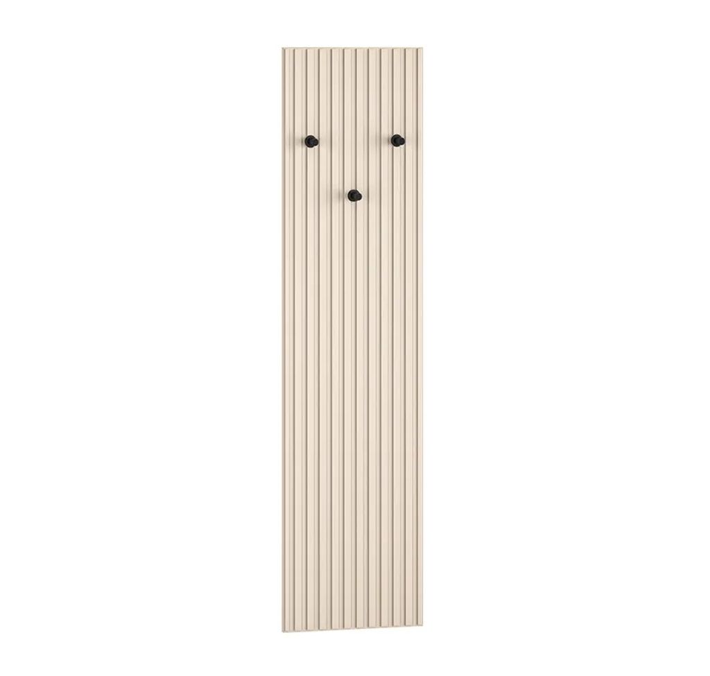 A close-up studio shot of a beige wall-mounted coat rack with three black hooks.
