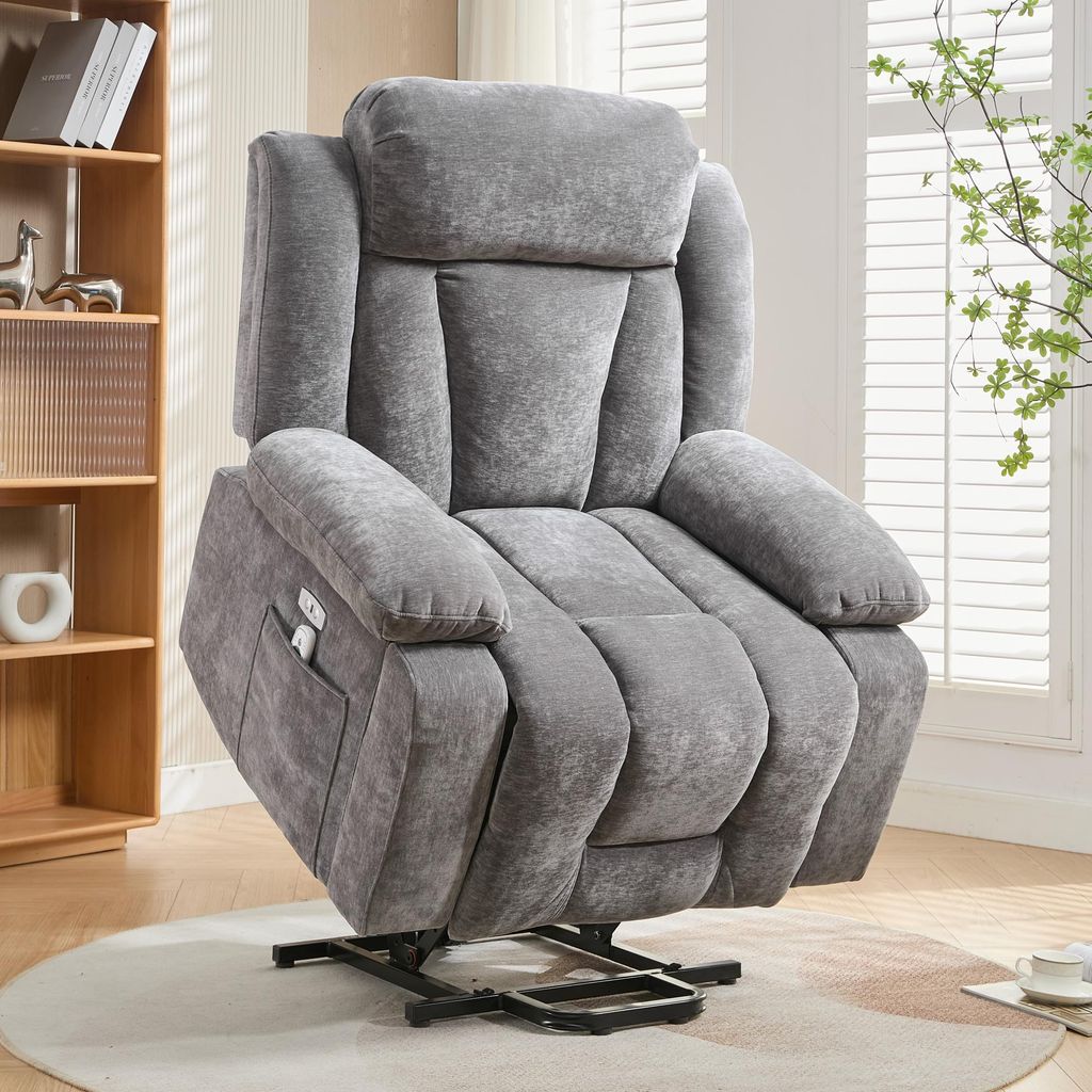 Merax Elektrischer Relaxsessel, Massagesessel mit 8-Punkt-Massa und Heizfunktion, Fernsehsessel mit Hebefunktion, Stoffsofa mit Staufach, Grau