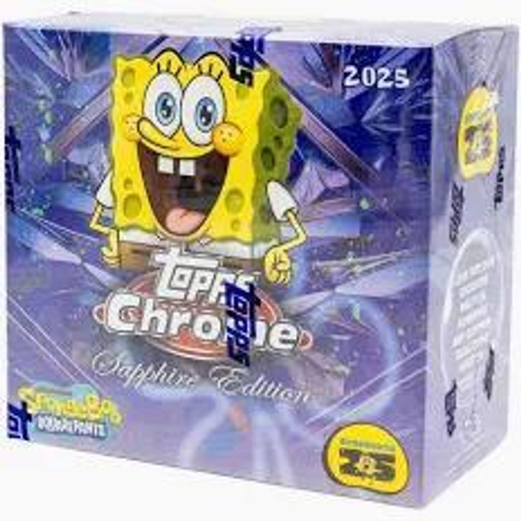 A sealed hobby box of Topps Chrome Sapphire Edition trading cards featuring SpongeBob SquarePants.