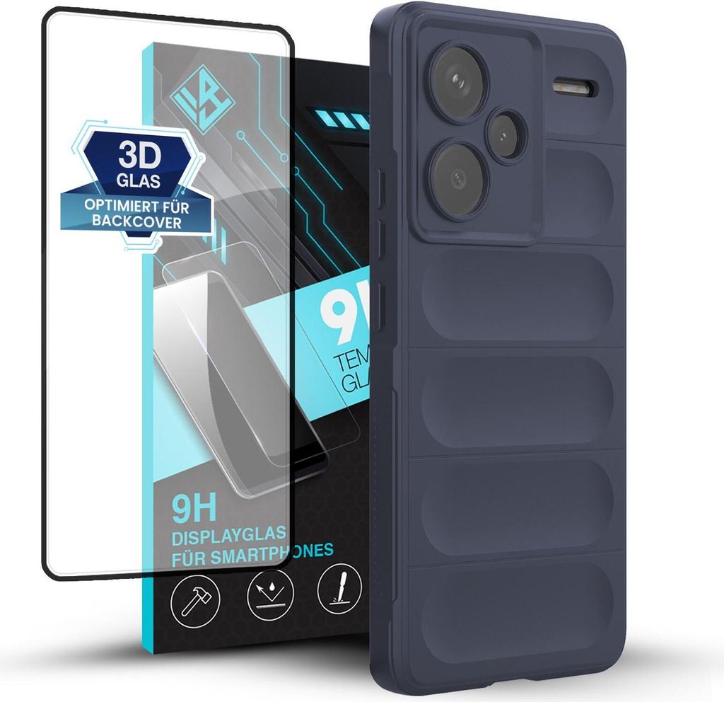 Handy Hülle für Xiaomi Redmi Note 13 Pro+ 5G mit 9H Displayglas Displayschutz Plus Grip Case Cover Schutzhülle Softgrip Farbe: Dunkelblau