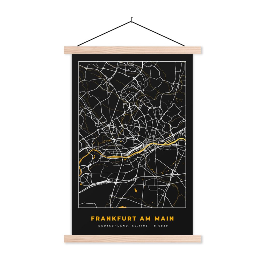 MuchoWow Textilposter Frankfurt Am Main - Gold - Stadtplan - Karte - Deutschland 40x60 cm mit holzfarbenen Rahmen - Poster