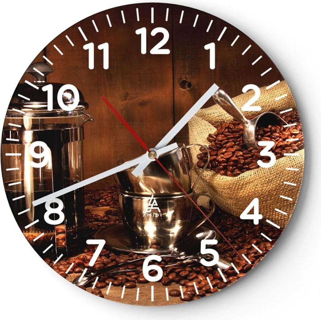 Wanduhr - Rund - Glasuhr - Kaffeebohnen gerösteter Kaffee Tasse - 30x30cm - Schleichendes Uhrwerk - Lautlos - zum Aufhängen bereit - Dekoration M...