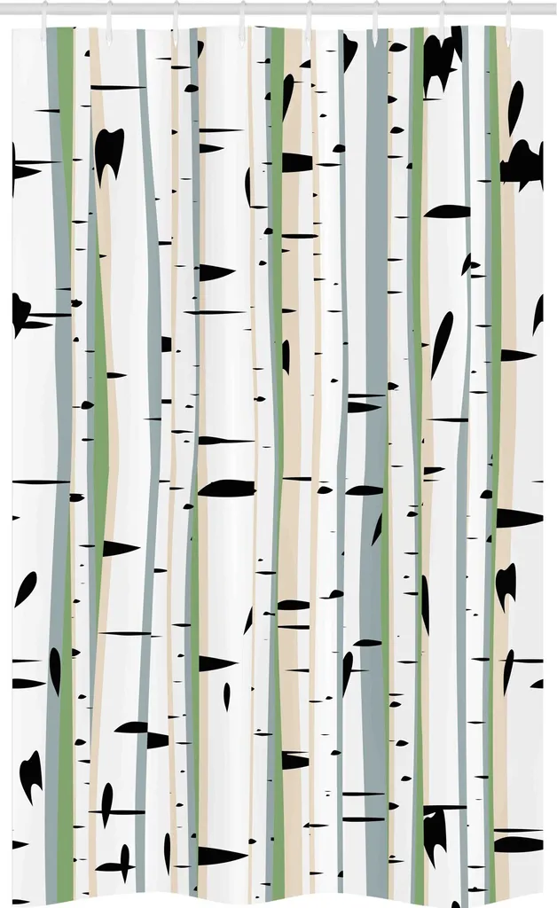 ABAKUHAUS Baum Tenda da doccia stretta, motivo tronchi di betulla, set decorativo per bagno in tessuto con ganci, 120 x 180 cm, multicolore