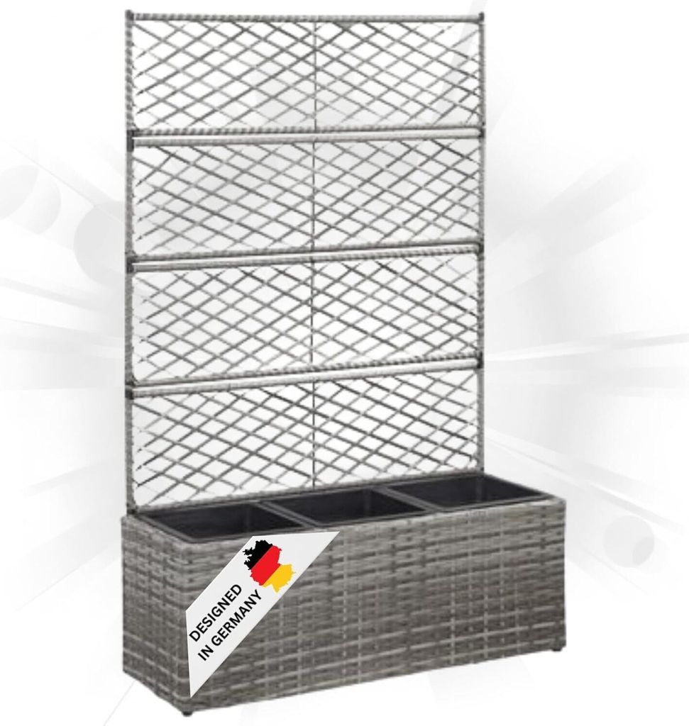 DELUKE Rankkasten Pflanzgefäß ELOT aus Rattan Grau | 3 Töpfe | 83x30x130cm | Hochbeet mit Rankgitter Pflanzkasten Balkon Terrasse Blumenkasten...