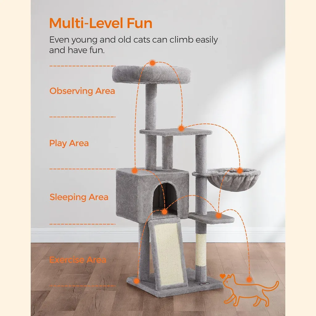 Arbre à chat multiniveau de 135 cm avec cachette et griffoir sisal