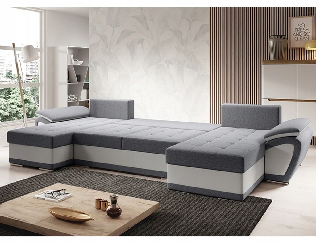 Easy4You ENZO Grau/Weiß Ecksofa U-Form 336 x 97 x 157 cm mit Schlaffunktion und Stauraum - Schlafsofa mit Bettkasten - Moderne Wohnzimmermöbel ...