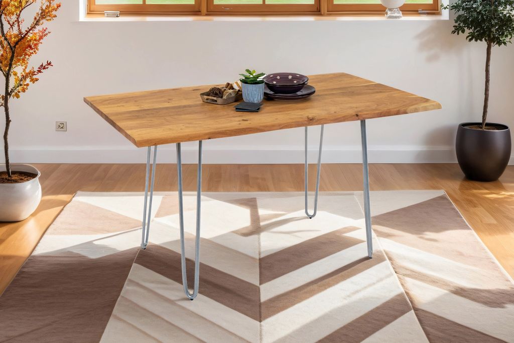 SAM Esstisch Baumkante massiv Akazie natur 180 Hairpin-Gestell silber HANNAH