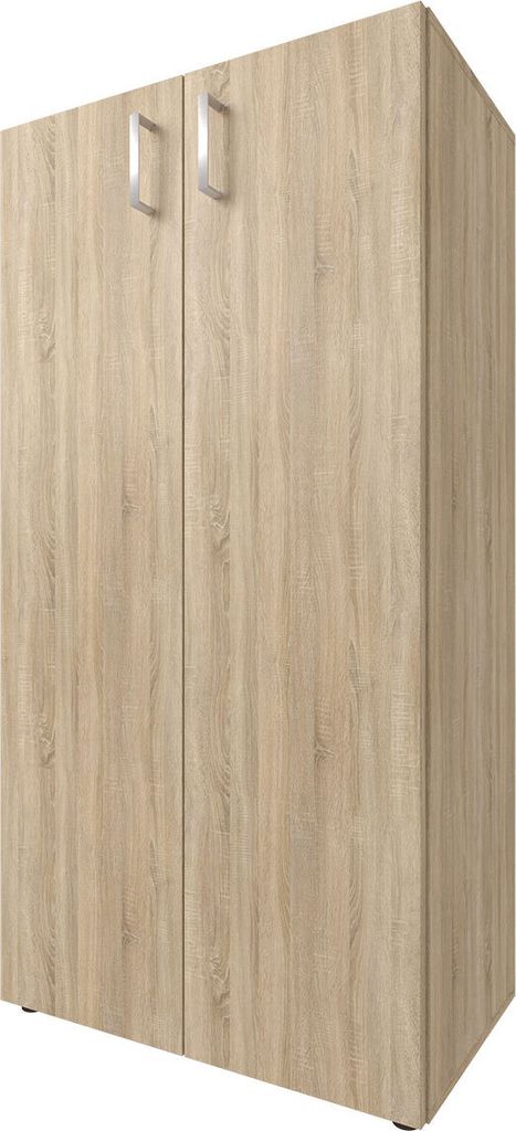 A light brown wooden cabinet with two silver handles.