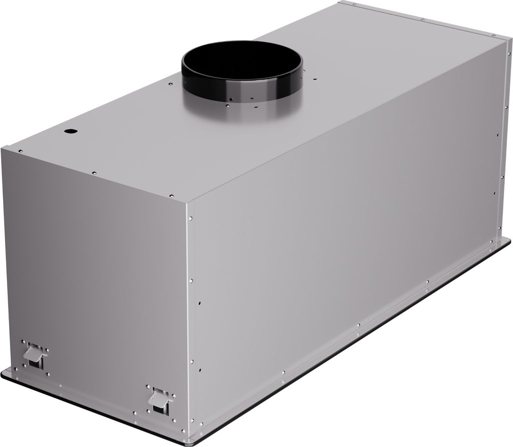 A stainless steel range hood box with a black circular vent on top, isolated on a white background.