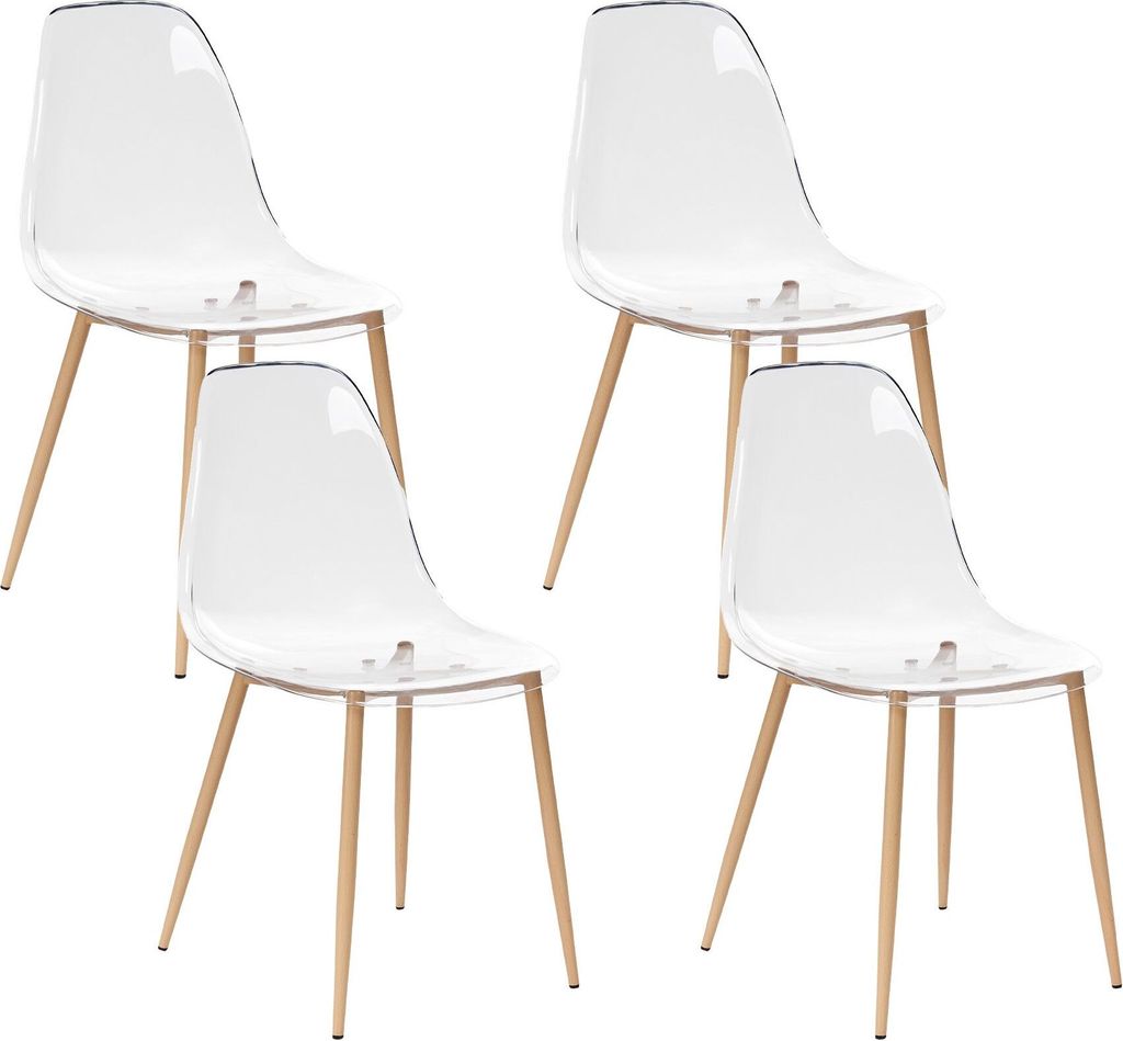 Four transparent chairs with wooden legs arranged in a studio setting.