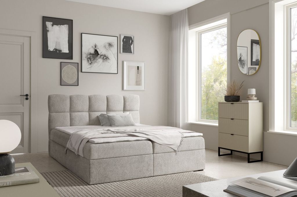 Continental-Bett 200x200 KLONDIKE - Platingrau + Matratzenauflage