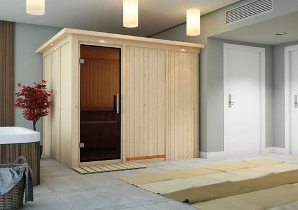 Elementsauna Karibu Gobina ohne Ofen mit Dachkranz und graphitfarbiger Ganzglastüre