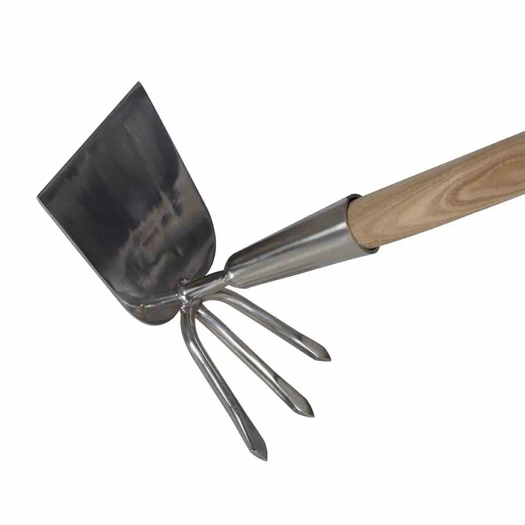 Binette de Jardin Double avec 3 Dents en Inox et Manche en Bois de Frêne