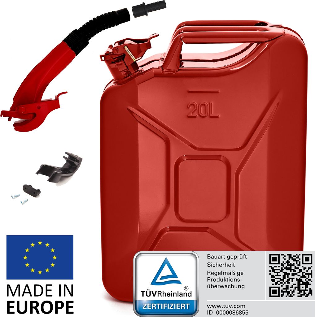 BW Kraftstoffkanister Metall Benzinkanister 20 Liter mit Ausgießer - Rot RAL 3000 - UN-Zulassung - Hergestellt in Europa