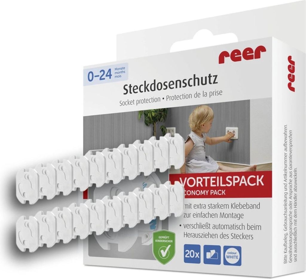 A product box for child safety socket covers, with a child reaching for an electrical outlet.