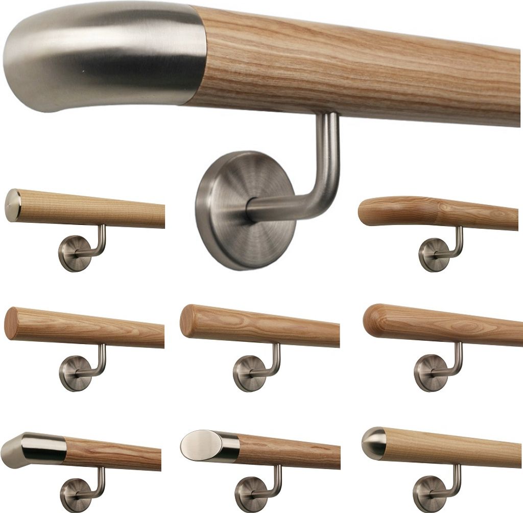 TIBU Esche Holz Handlauf Geländer 0,3m - 5m, Länge 420 cm, Ende Edelstahlbogen und 5 gewinkelte Halter