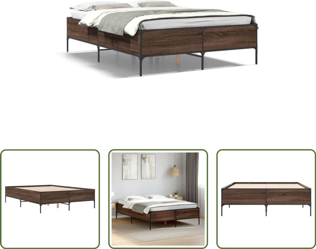 The Living Store Bettgestell Braun Eichen-Optik 160x200 cm Holzwerkstoff Metall