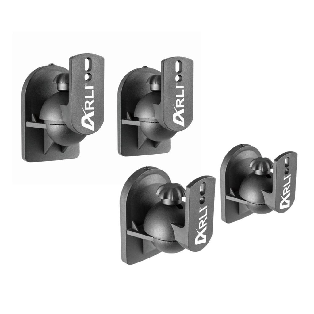 Four black speaker wall mounts are arranged in a group against a white background.