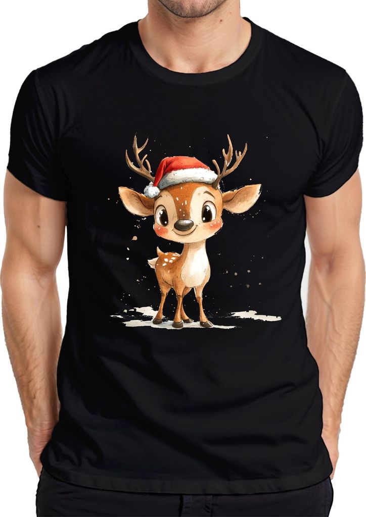 Weihnachtsrentier Aquarell Süß Santa Hut Geschenk Kinder Niedlich Herren T-Shirt, Schwarz, S