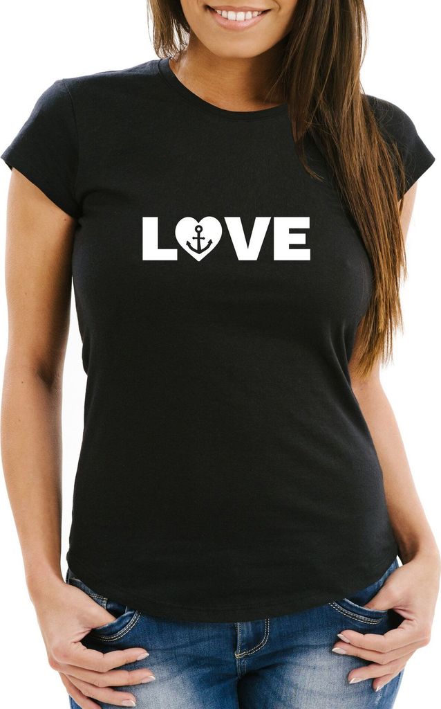 Damen T-Shirt Aufdruck Love Anker Liebe Statement Botschaft Print maritim Frauen Fun-Shirt Moonworks Herz schwarz L
