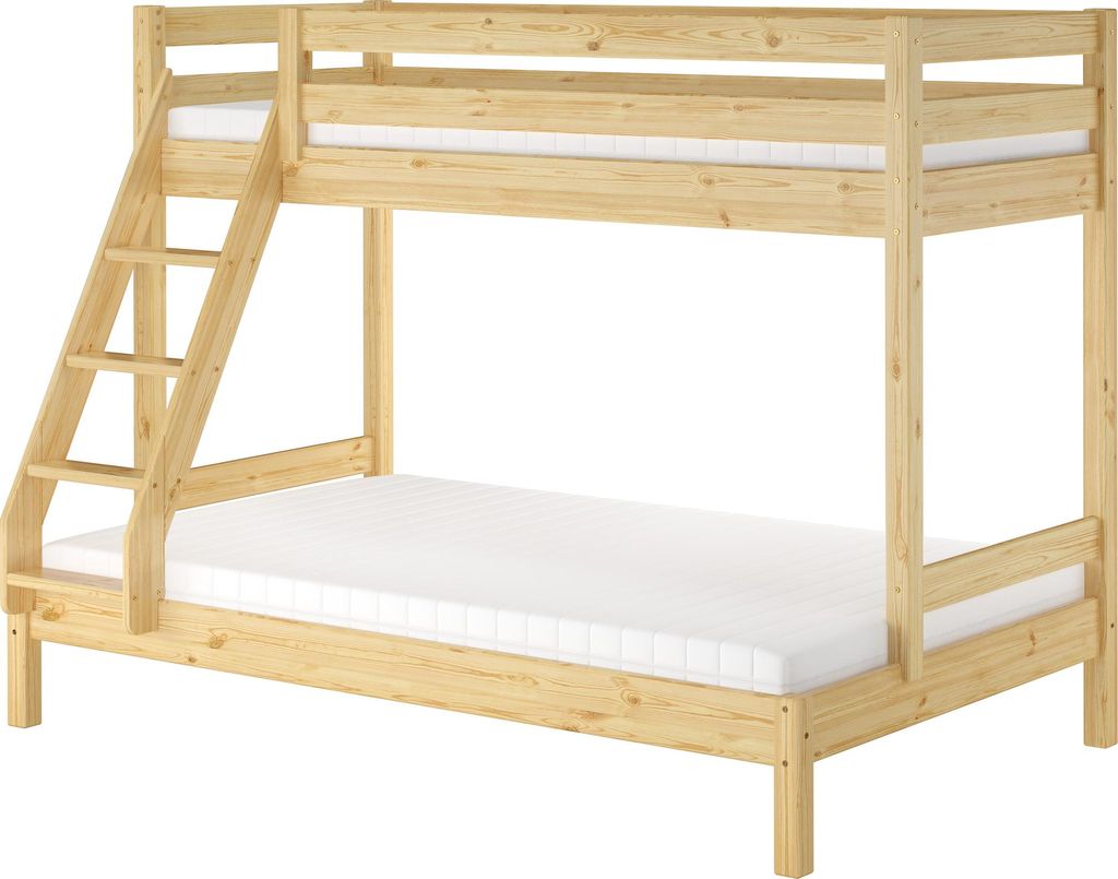 Doppel-Etagenbett 120x200 und 80x200 Erwachsenen-Stockbett Kiefer Massivholz natur V-60.18-08-12Rollrost und Matratze inkl.