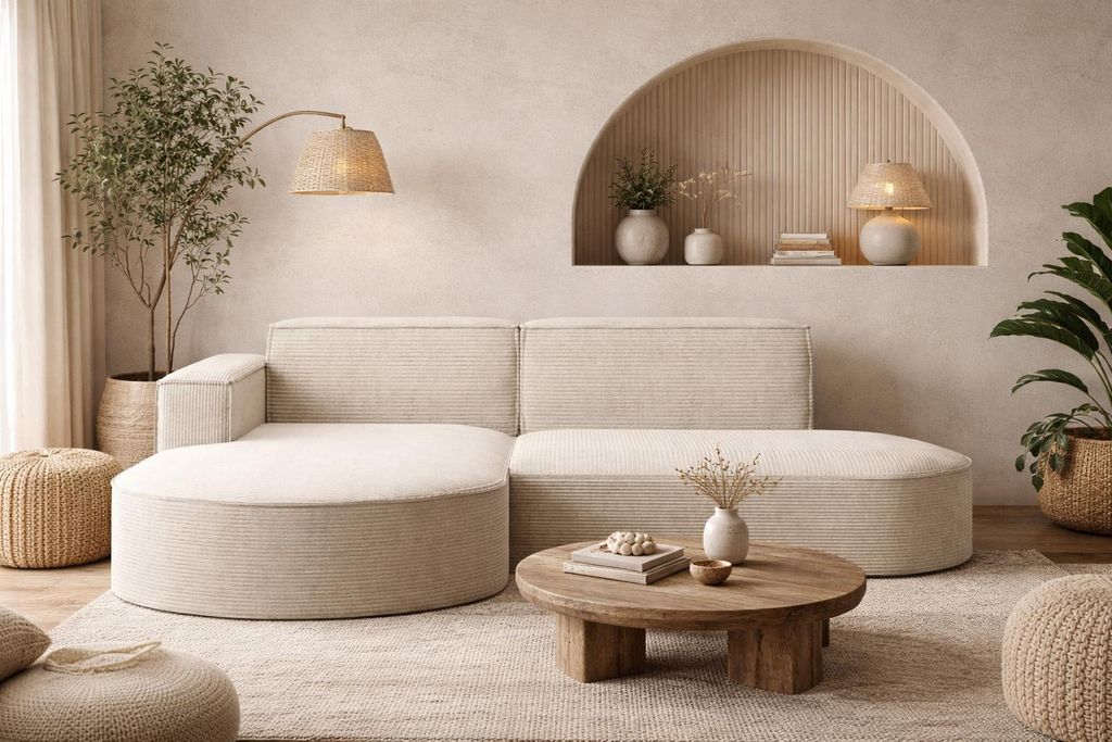 Kaiser Möbel Ecksofa mit runden Abschlüssen aus Cordstoff – MODENA STUDIO, modernes Sofa, Beige Links