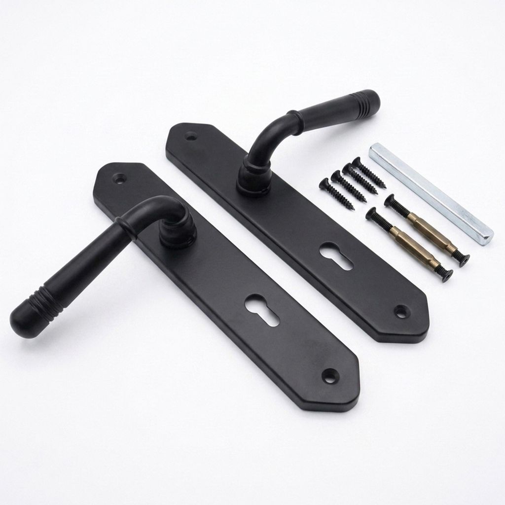 Relaxdays Türgriff Set, Zimmertür, Türbeschläge Profilzylinder vintage, HB 23 x13,5 cm, Langschild, Metall, matt-schwarz
