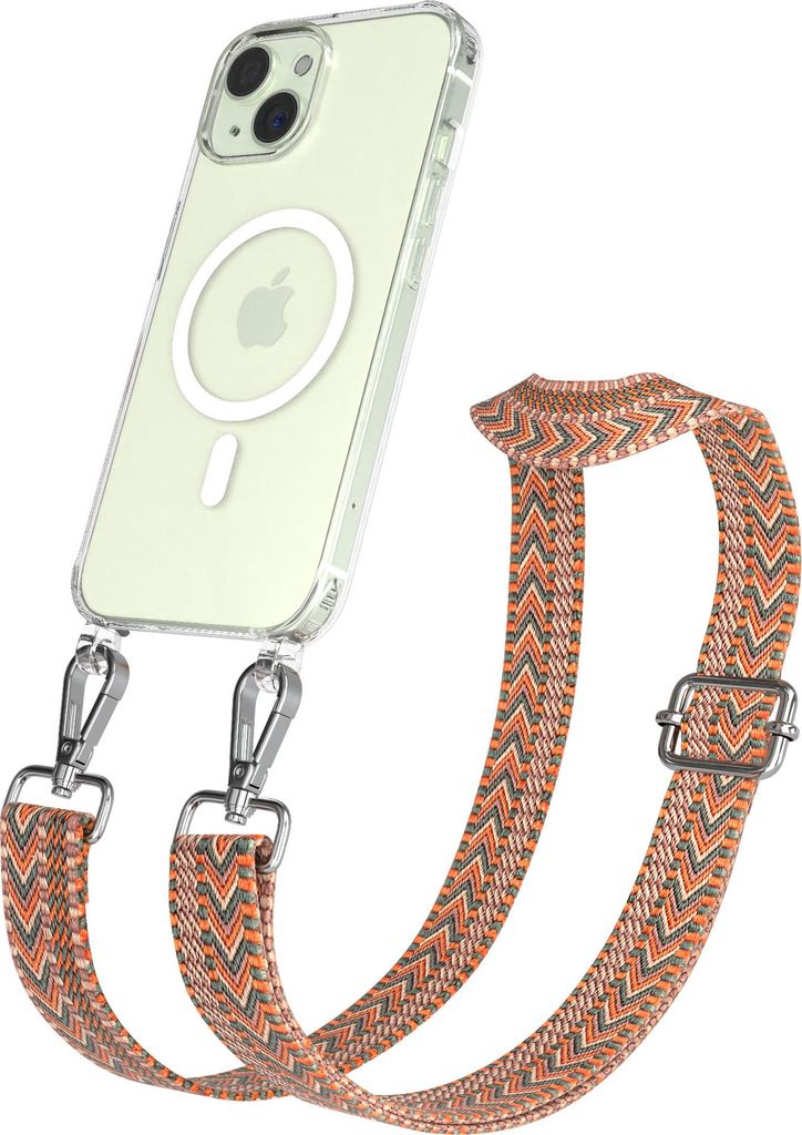 EAZY CASE - Handykette mit MagSafe Hülle für Apple iPhone 15, Handyband ZigZag Style,Karabiner Silber, Umhängeband in Orange