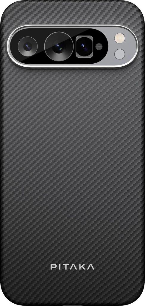 The back of a smartphone case with a carbon fiber texture and a camera module.