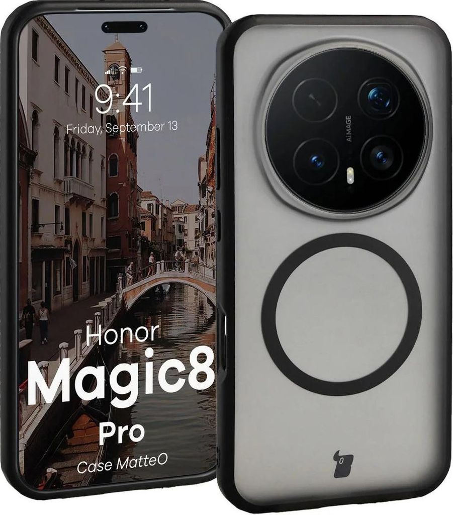 Handyhülle mit Magnetring für Honor Magic8 Pro, Bizon Case MatteO, Getönt-Schwarz