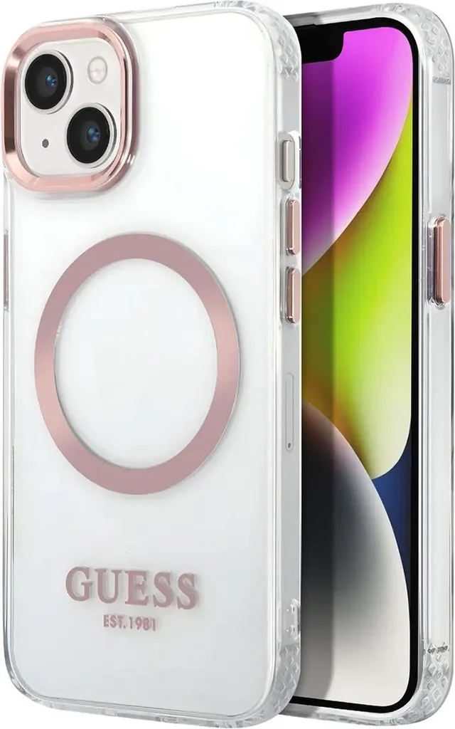Protection iPhone 14 Guess avec MagSafe et Contour Doré - Transparent