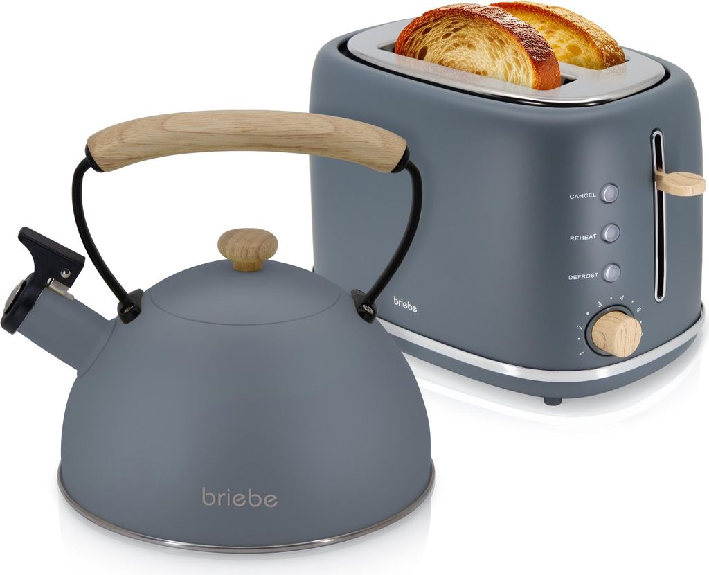 Briebe SKT1177GRY Nordic Set Toaster 2 Scheiben Breite Schlitze + Wasserkessel Induktion 2,3 L Grau