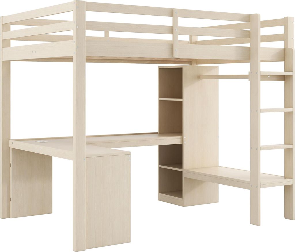 Hochbett 140x200 cm - Loftbett aus Holz - Ablage & Nachttisch - LED-Lampe mit USB - Für Kinder und Jugendliche - Schwarz