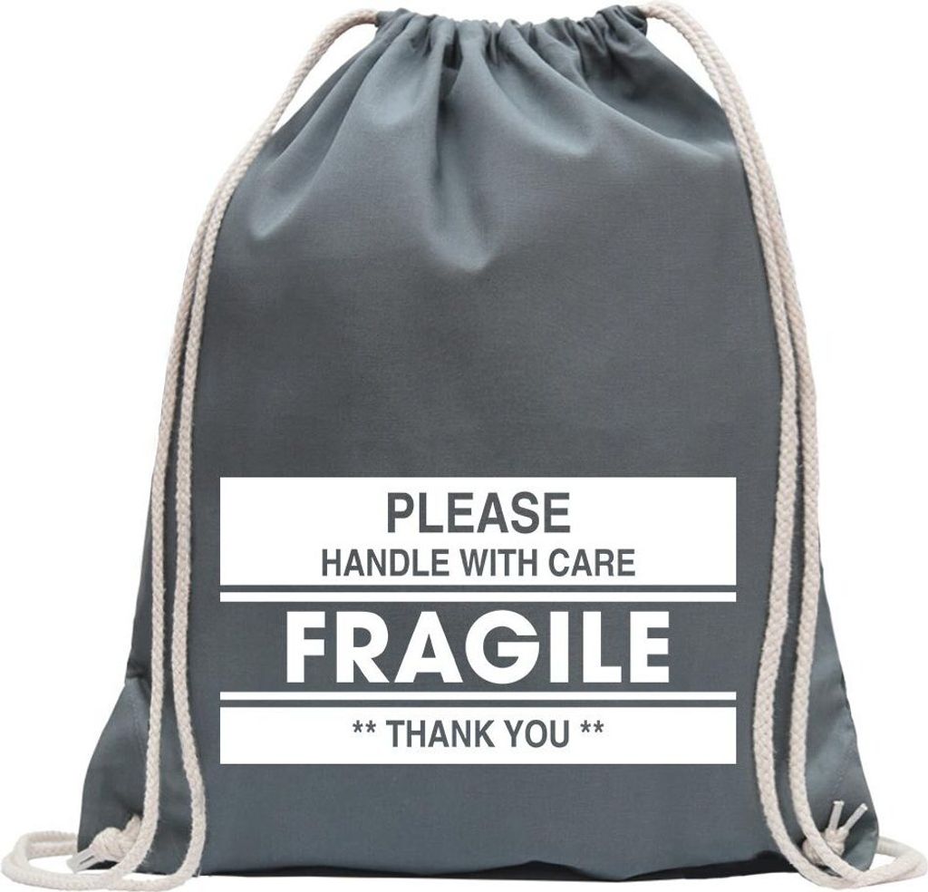 Kiwistar - Turnbeutel - stahlgrau - Fragile - Please Handle - Fun Rucksack Sport Beutel Gymsack Baumwolle mit Ziehgurt
