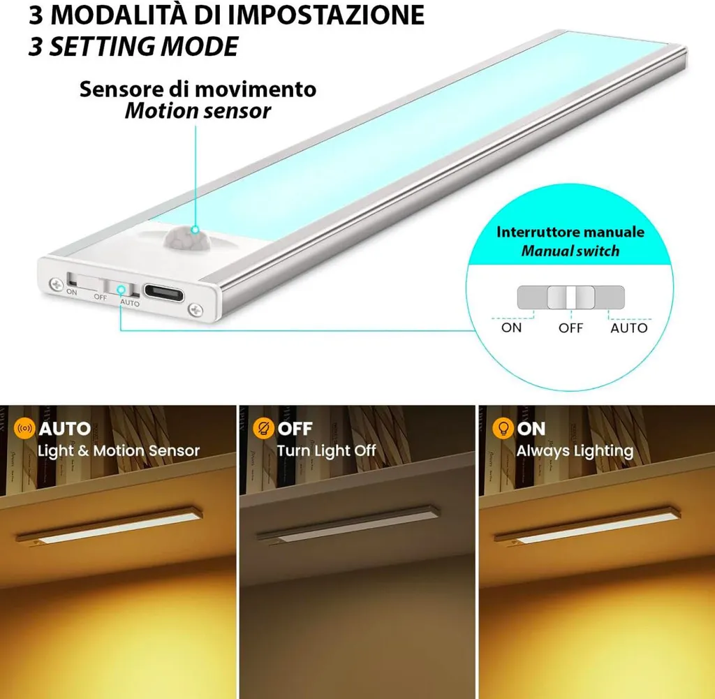 Luce LED Sottopensile Velamp LACTEA 40cm Ricaricabile | Design e Praticità - 3