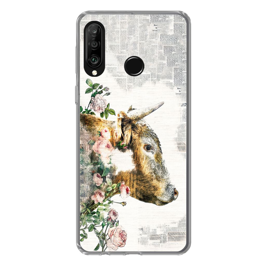 MuchoWow Handyhülle Schutzhülle Hülle für Huawei P30 Lite Schottischer Highlander - Farbe - Blumen Silikon Softcase Handy Hülle - Handyhülle