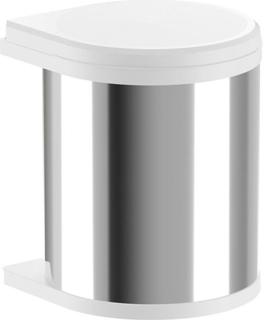 A product shot of a white and silver trash can.