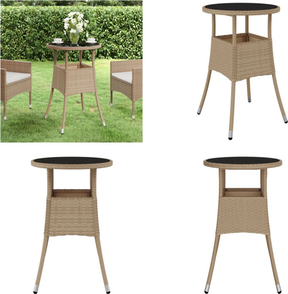 vidaXL Gartentisch Ø60x75 cm Hartglas und Poly Rattan Beige - Gartentisch - Gartentische - Garten-Esstisch - Outdoor Esstisch