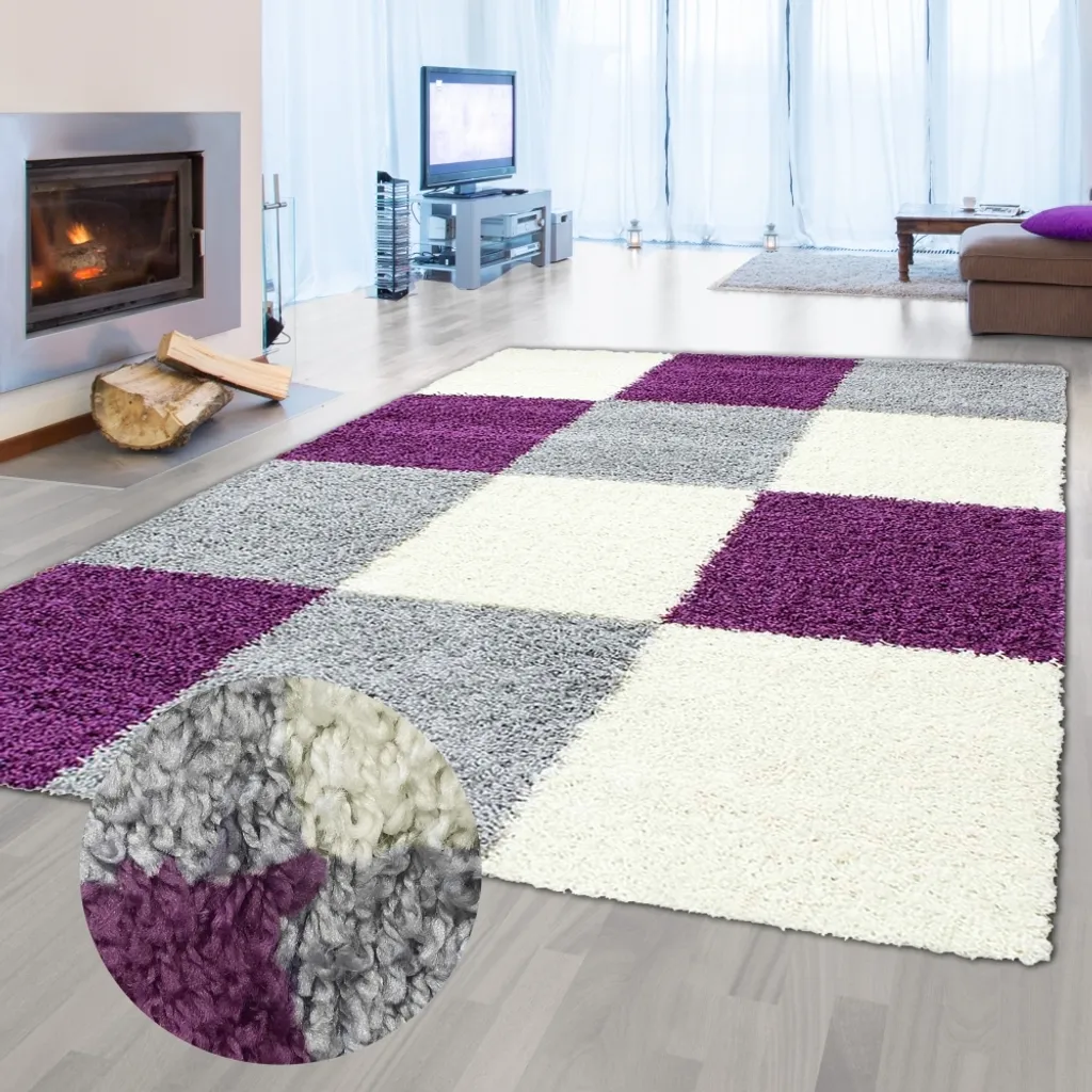 Tapis de Salon Shaggy à Poils Longs Design à Carreaux - 200 x 290 cm