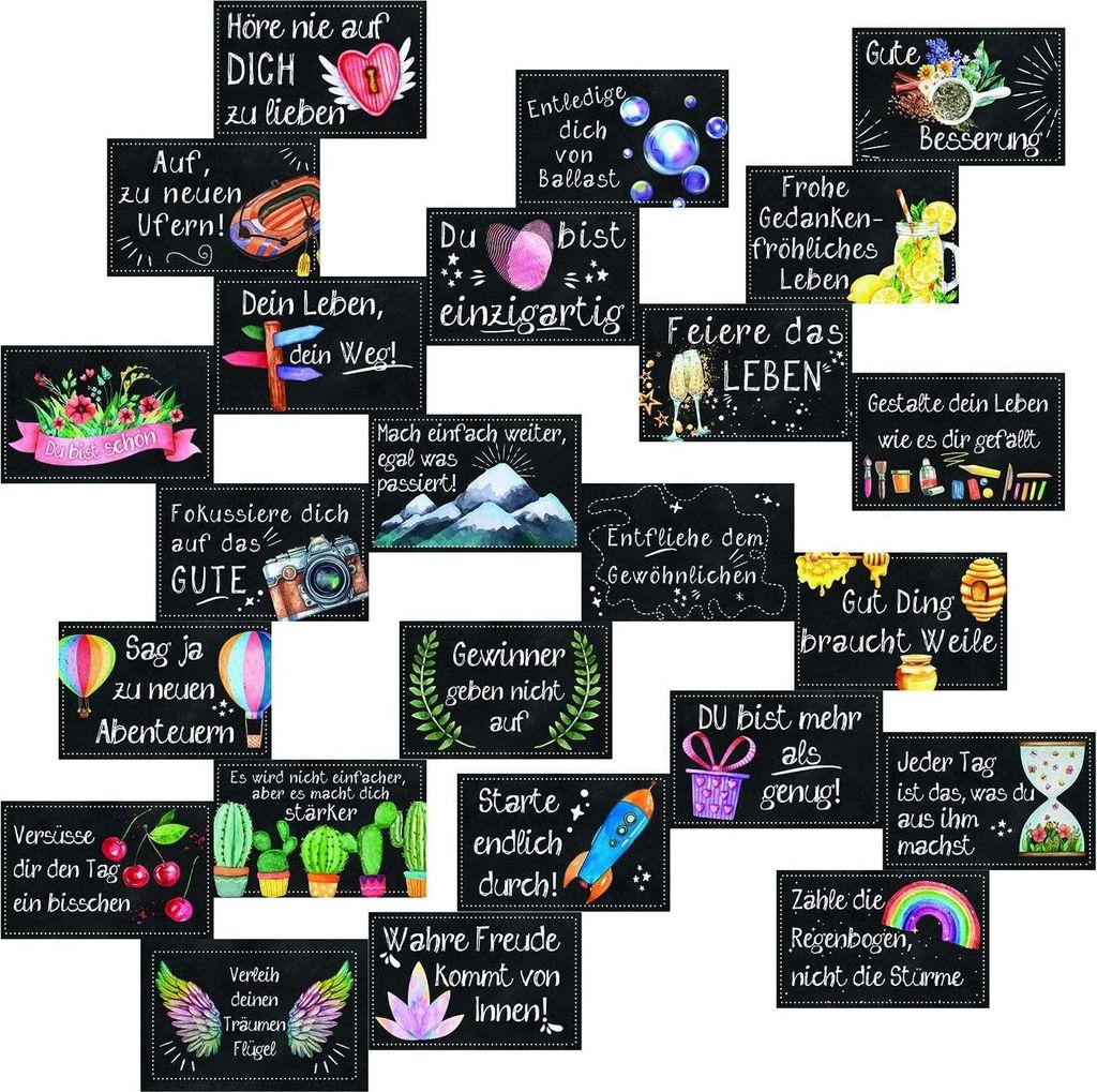 24 Mini Sprüche Karten 8,5 x 5,5 cm in schwarz bunt Motivationskarten Kraft Coaching