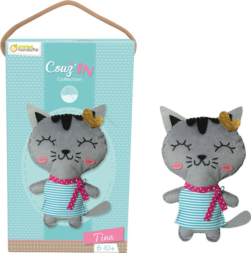A product shot of a sewing kit for a cat toy, shown next to its packaging.