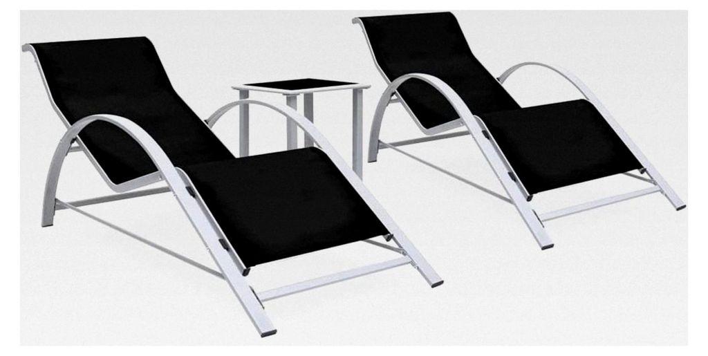 Sonnenliegen, 2 Stück, mit Tisch, Aluminium, Schwarz