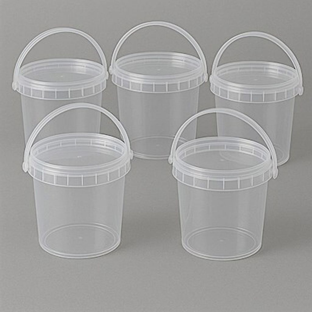 Kunststoffeimer transparent durchsichtig mit Deckel 2,3 Liter - 5 Stück - lebensmittelecht, stabil, luftdicht - Plastikeimer mit Henkel - leer