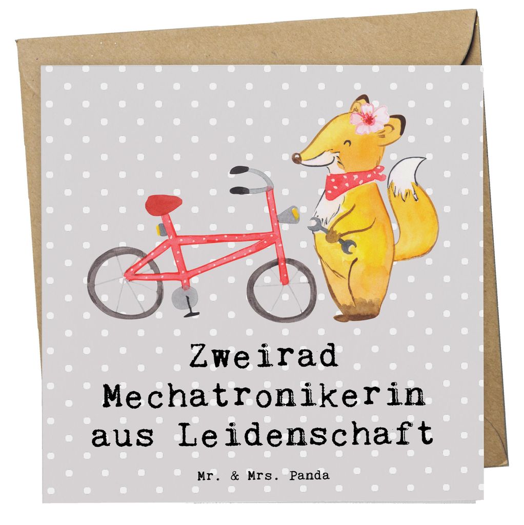 Mr. & Mrs. Panda Grußkarte Zweirad Mechatronikerin Leidenschaft - Grau Pastell - Geschenk, anlasskarte, faltkarte, Glückwunschkarte, Klappkarte, ...