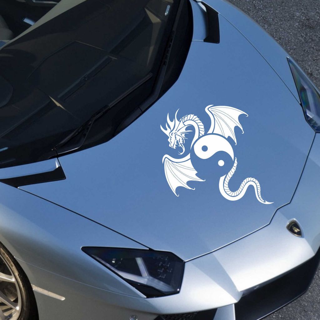 Aufkleber - Autoaufkleber "Yin Yang Drache" 70cm x 56cm Weiß - Tuning Carystyling Heckscheibe Auto