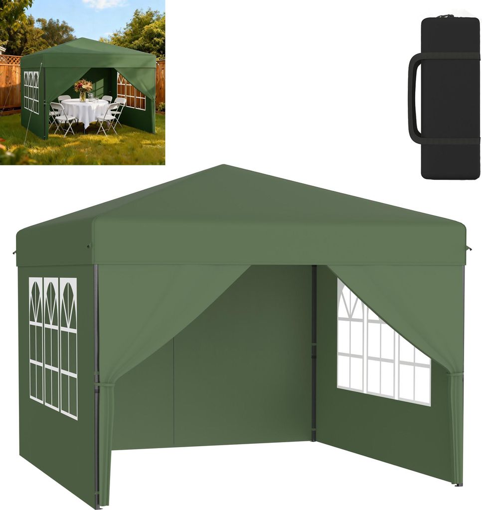 XMTECH Faltpavillon Pop-Up Pavillon 3x3 m, Wasserdicht & UV-Schutz, Ein-Knopf-Schnellaufbau, 3-fach höhenverstellbar, Grün (mit Seitenwände)
