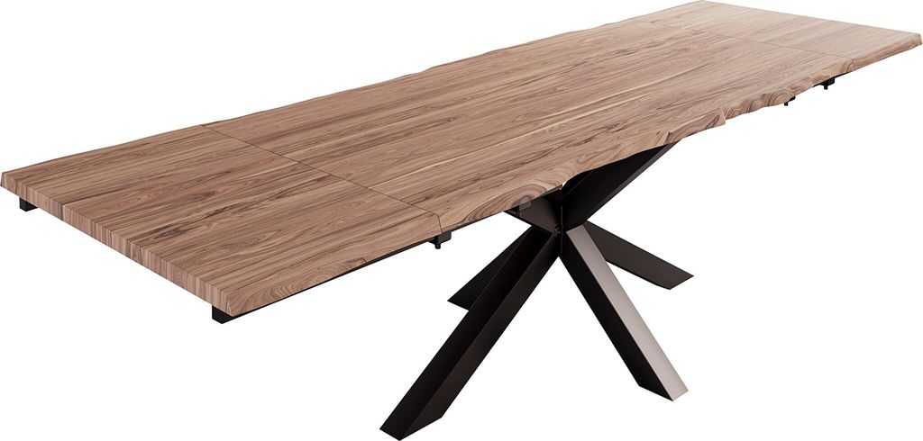 Baumkantentisch 140 (220) x 90 cm Janosh, Akazienholz massiv & stonefarben, Esstisch inkl. 2 Ansteckplatten 40 x 90 cm, echte Baumkante, Spider-Met...