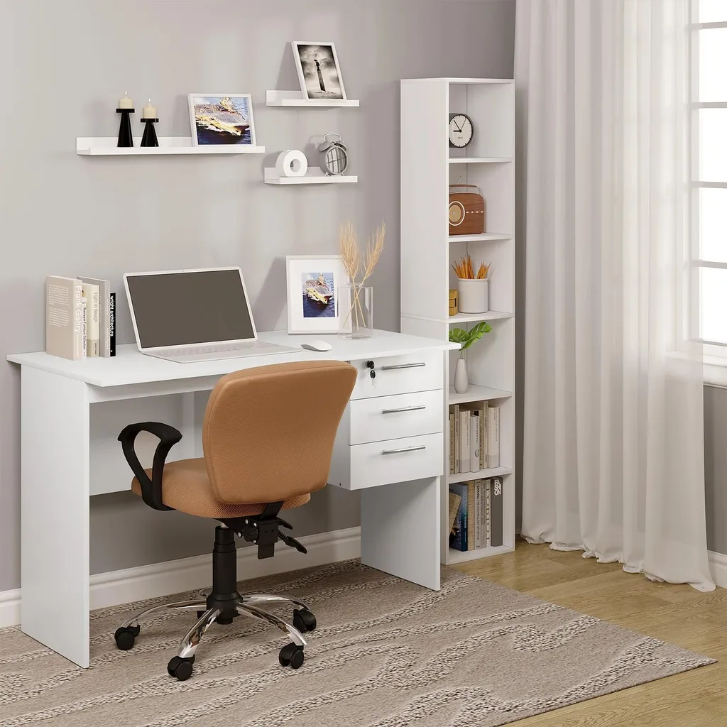Bureau blanc en MDF Modèle Zen - Table d'ordinateur 3 tiroirs sécurisés - 3