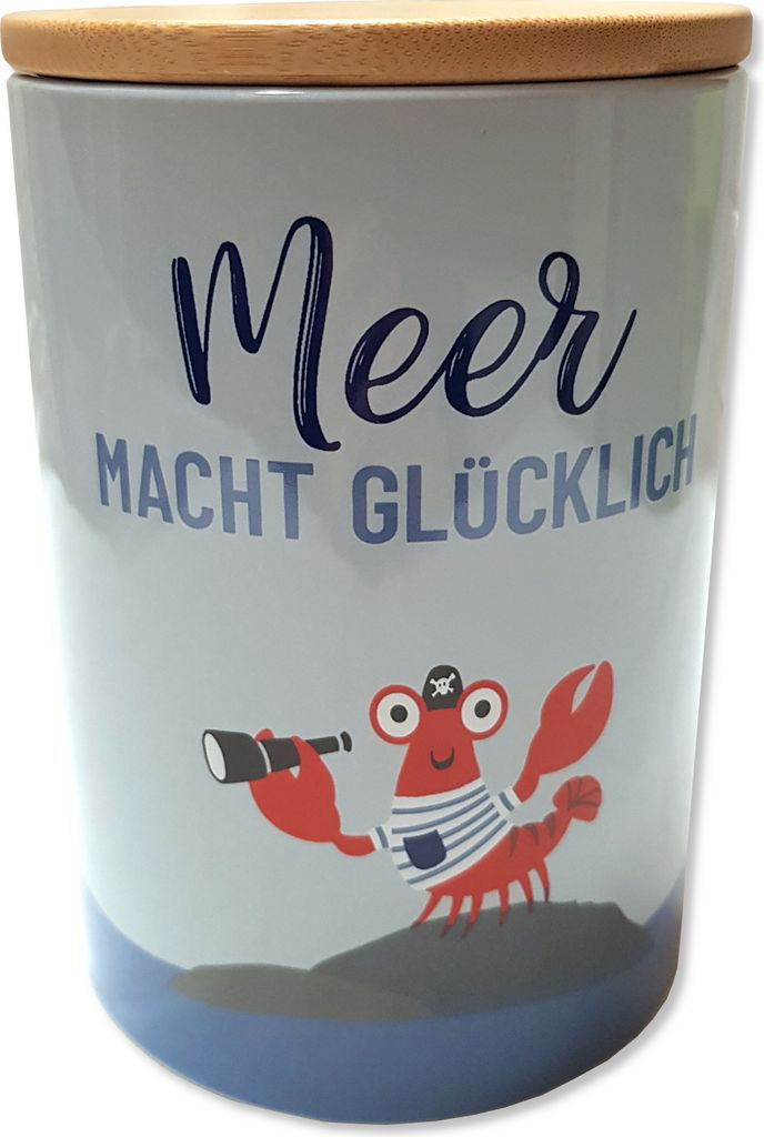Maritime Vorratsdose mit Bambusdeckel, Meer Macht Glücklich Design, Keramik Aufbewahrungsdose mit Krabbe-Motiv, blau